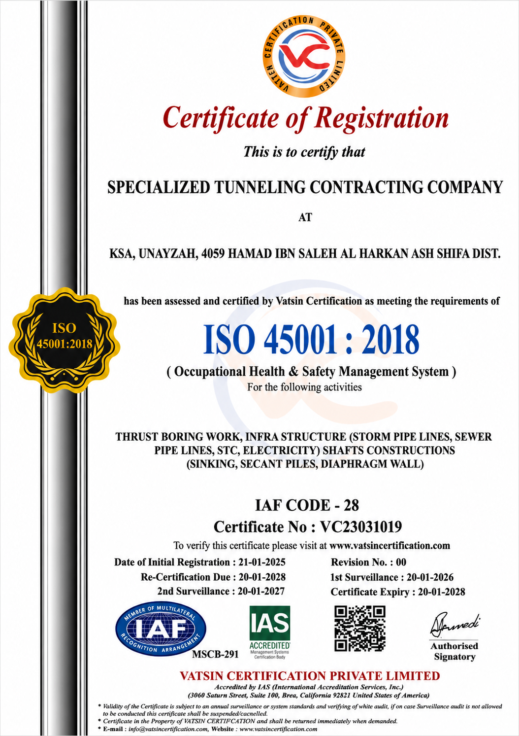 ISO 45001:2018 Certificate